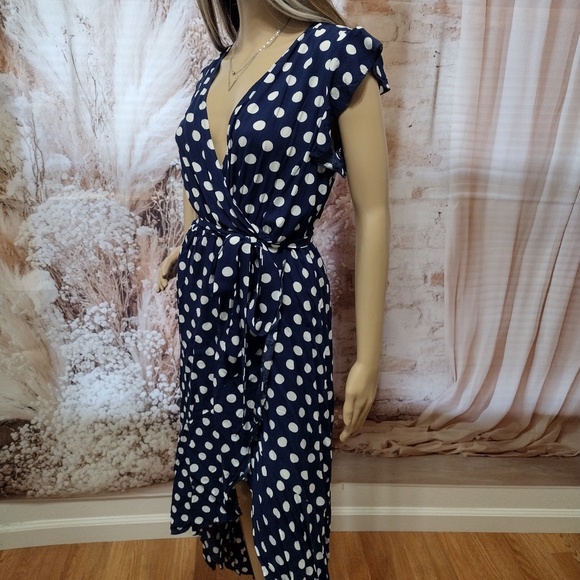 Grecerelle Women's Large Navy & White Polka Dot Surplice Long Flowing Maxi Dress - Picture 1 of 15